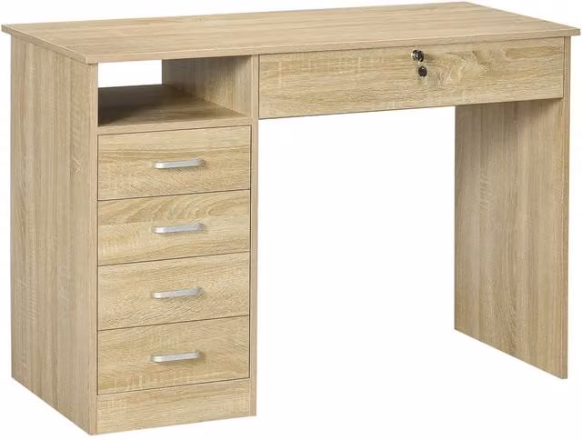 HOMCOM Modern Computer and Writing Desk with Five Drawers in Brown Oak
