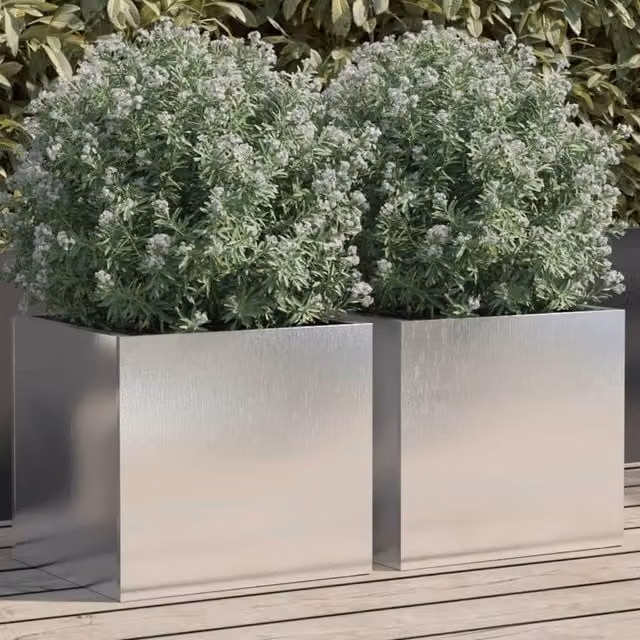 Berkfield Home Stainless Steel Ornamental Garden Planter Tubs, Silver, 2 Pack, W: 32 cm, D: 30 cm, H: 29 cm – 1