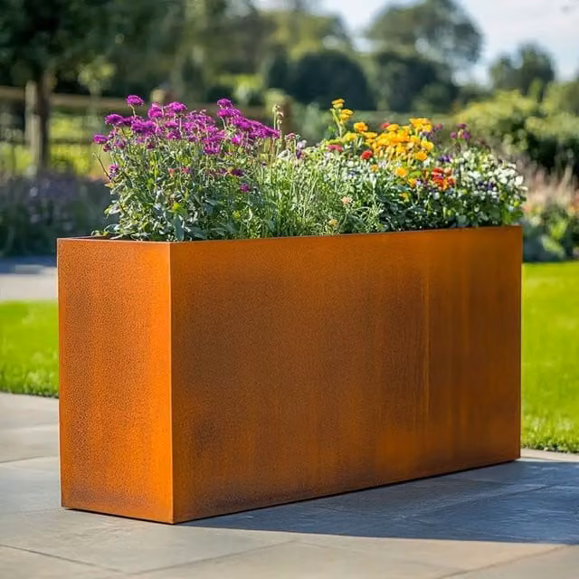 Corten Steel Long Tall Trough Metal Planter in Brown and Orange, 80cm
