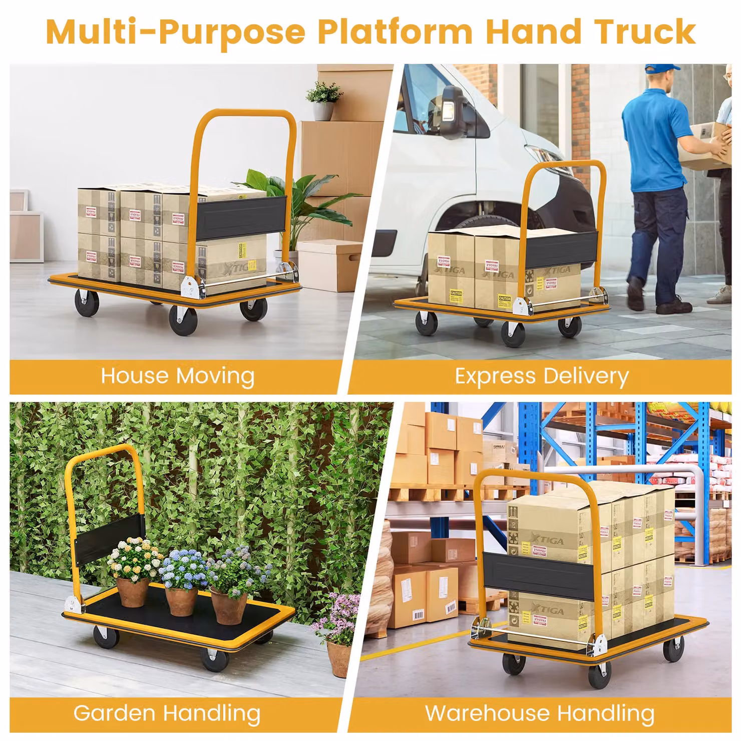 Gymax Metal Folding Platform Truck Push Dolly Cart in Black and Yellow with 300kg Load Capacity – 7