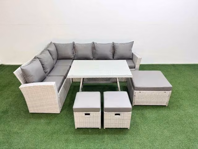 Fimous 9 Seater Outdoor Rattan Garden Furniture Set with 3 Footstools in Light Grey