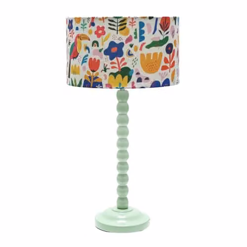 ValueLights Sage Green Bobbin Stem Table Lamp with Jungle Drum Shade and Bulb Included