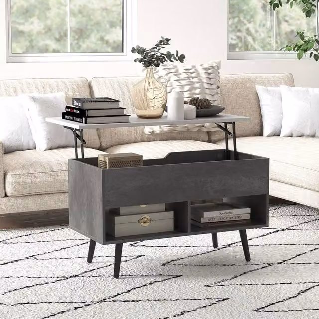 Costway Modern Mid-Century Lift Top Coffee Table with Hidden Storage and Shelves in Grey – 1