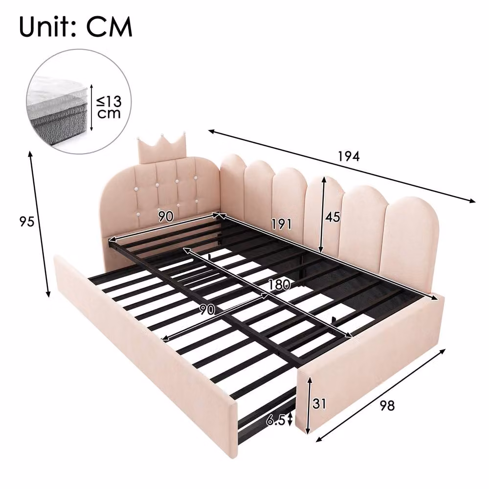 Matteo Pink Velvet Crown Daybed with Pull-Out Trundle, 3FT Single Guest Bed, W: 90 cm, L: 190 cm – 2