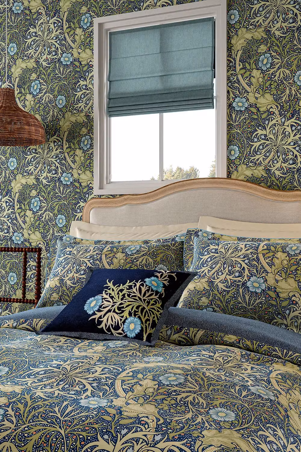 Morris & Co Floral Cotton Square Cushion in Blue and Green, W x W: 50 x 50 cm – 3