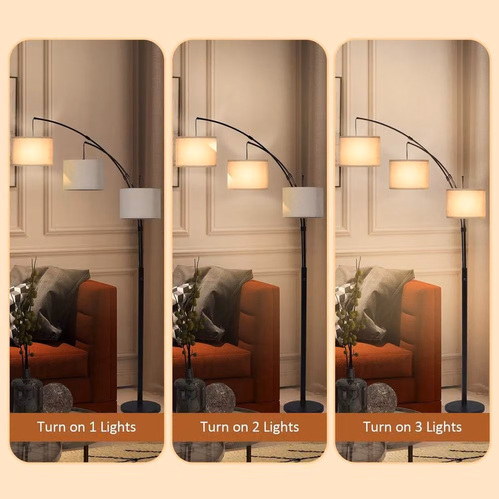 VOGREX Modern 3 Light Floor Lamp with Rotary Knob and Black Linen Shade – 3