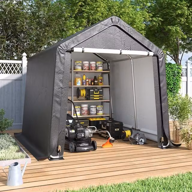 Lifeideas Galvanised Steel Tube Frame Gable Storage Shed with Sliding Roll-Up Door in Grey, W/D/H: 180 x 210 x 210 cm