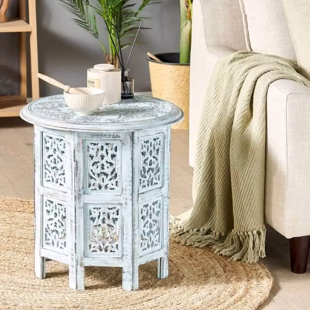 Wyld and Coco Mango Wood Round Side Table in Distressed Blue