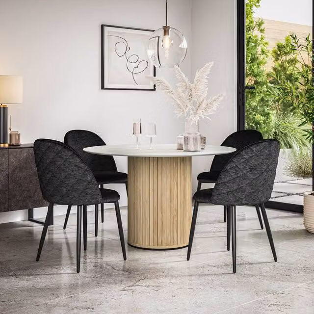 More4Homes Arlo White Marble Top Round Dining Table with Oak Legs and 4 Black Raye Velvet Dining Chairs Set, W/D/H: 120 x 120 x 75 cm