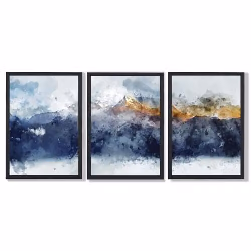 ARTZE Set of 3 Abstract Navy and Yellow Mountain Landscape Wall Art with Black Frames, W: 33 cm, H: 45 cm, D: 2 cm