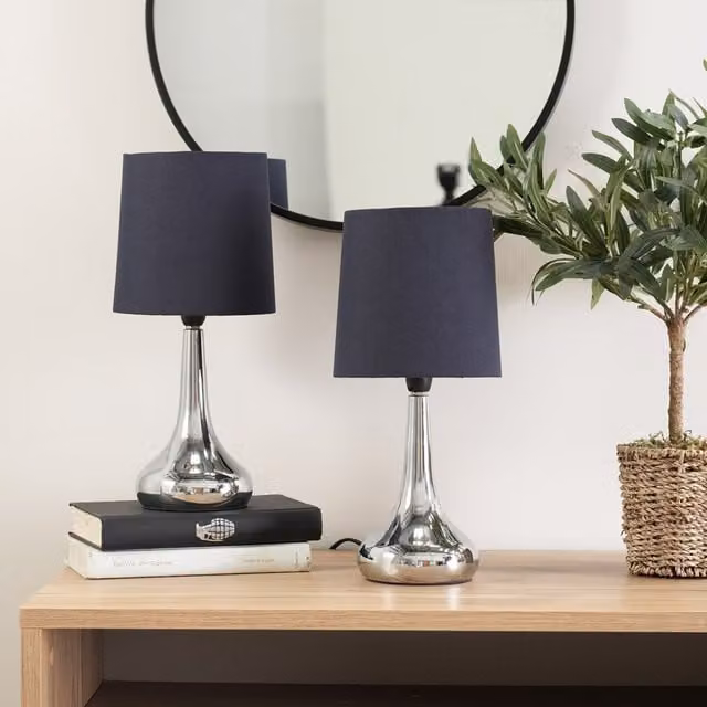ValueLights Pair of Chrome Teardrop Touch Table Lamps with Fabric Shades and LED Bulbs in Blue