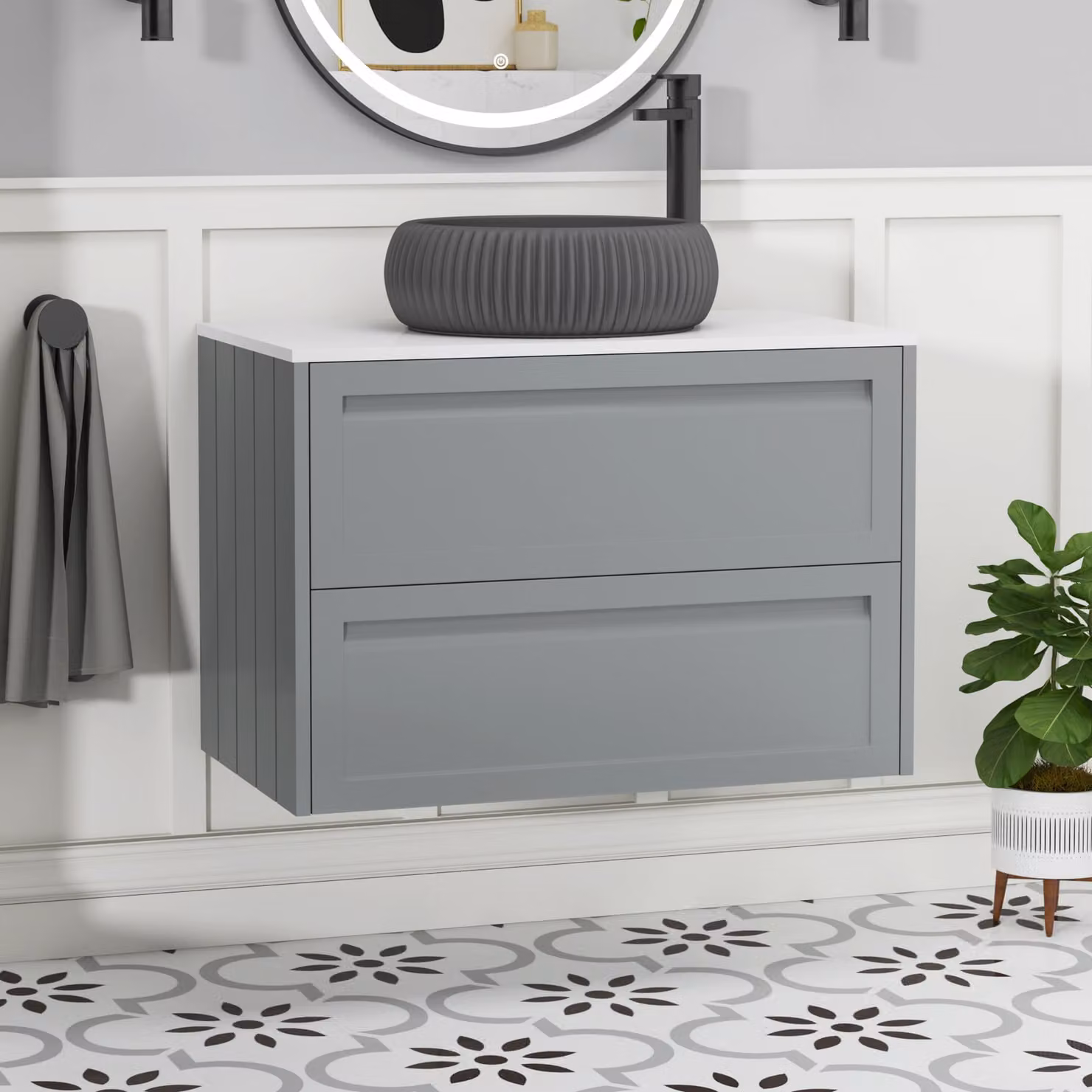 Royal Bathrooms Elmore Wall Hung Vanity Unit in Matt Pebble Grey with 2 Drawers, Plain White Worktop and Milan Black Basin, Width: 80 cm