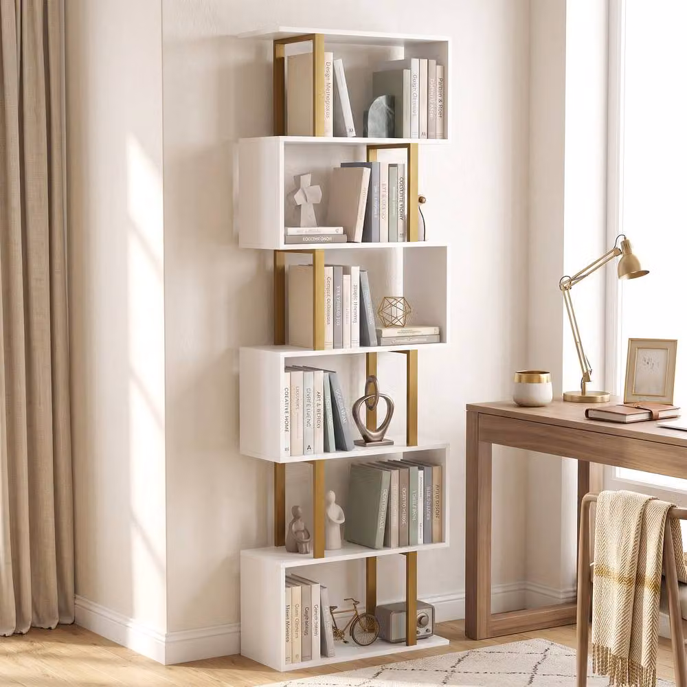HOMCOM 6-Tier S-Shaped Bookshelf in White – 2