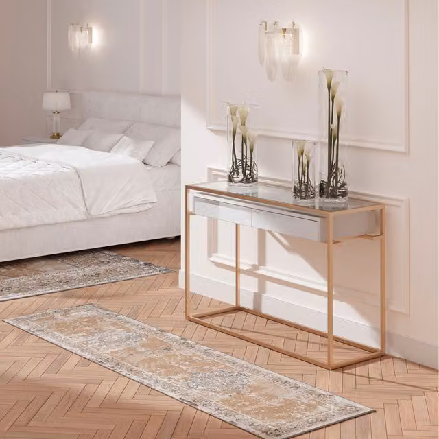 The Rug House Distressed Traditional Medallion Area Rug in Beige with Decorative Border, W: 240 cm, D: 70 cm