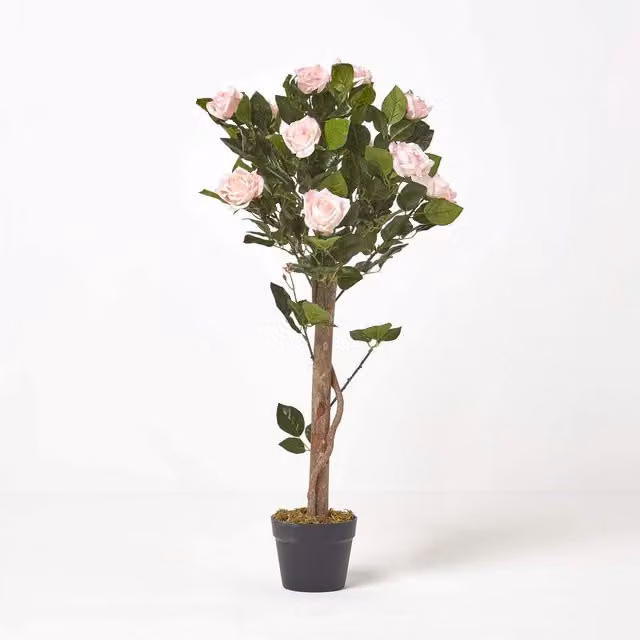 Homescapes Pink Potted Rose Tree Artificial Plant with Green Leaves, Height: 90 cm