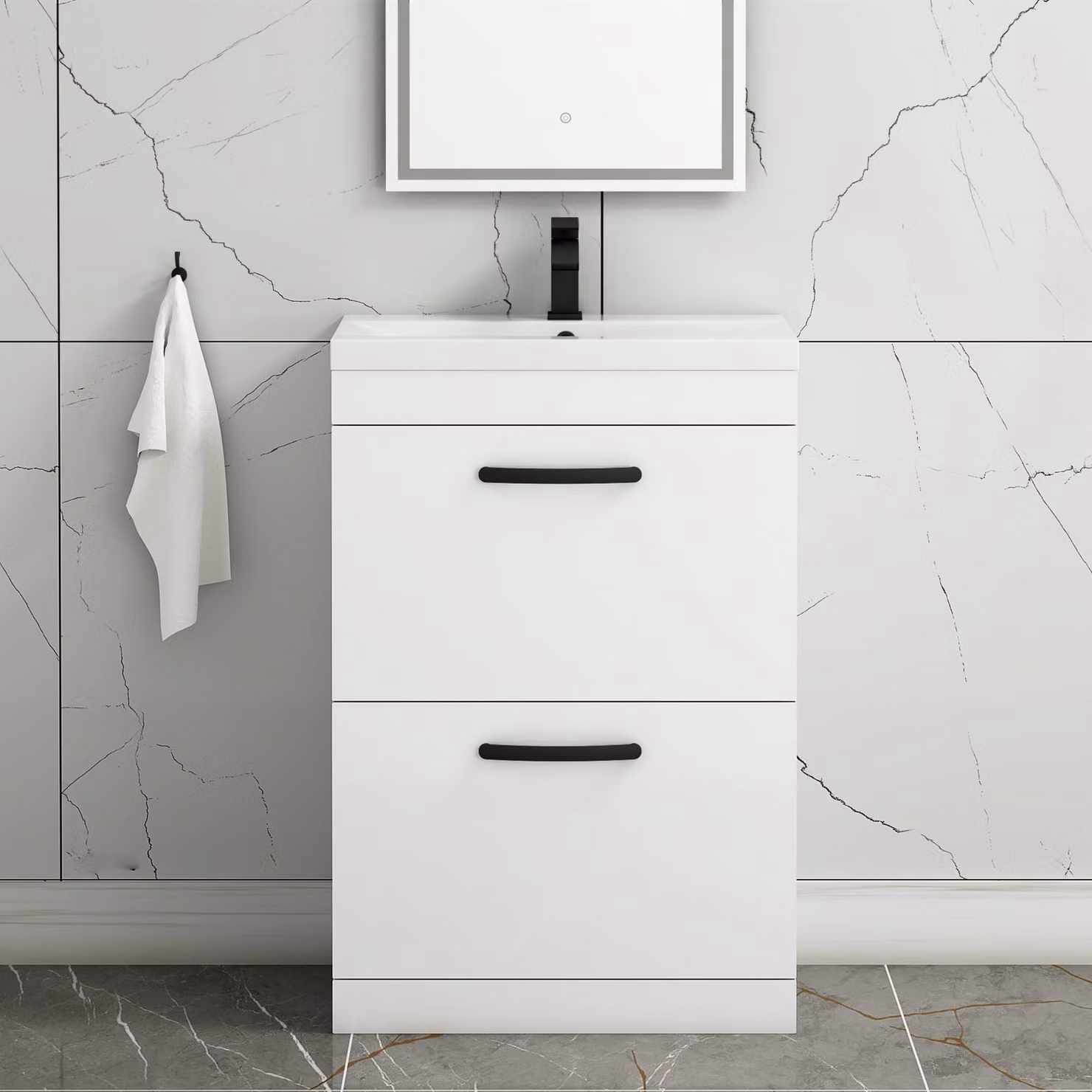 Royal Bathrooms Turin 600mm Gloss White Floor Standing 2 Drawer Mid-Edge Basin Vanity Unit with Matt Black Handles