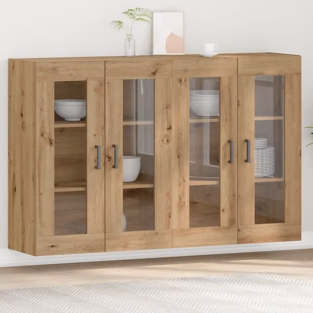 Berkfield Home Wall Mounted Cabinets 2 Piece Set in Artisan Oak with Glass Doors, W/D/H: 69.5 x 34 x 90 cm – 1