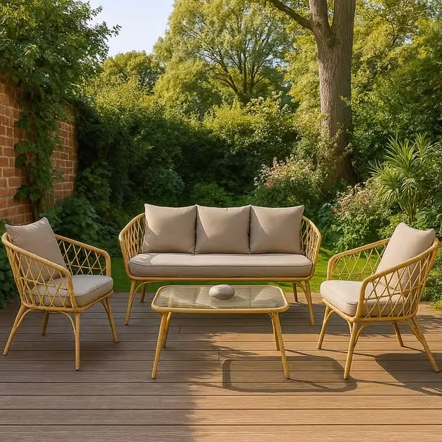 Homerepublic Modern 4 Piece Woven Rattan Garden Furniture Set in Beige and Yellow with Glass and Metal Details