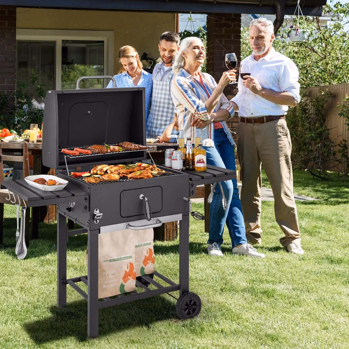 Costway Charcoal BBQ Smoker Combo with 2 Wheels and 2 Foldable Side Tables, Black, W/D/H: 128 x 46 x 117 cm – 6