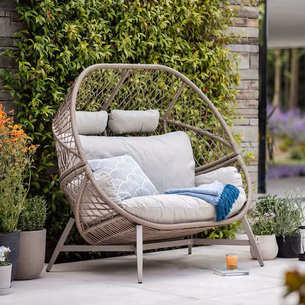 Atkin & Thyme Lauren Double Cocoon Chair in Sand and Beige with Rattan and Metal Details