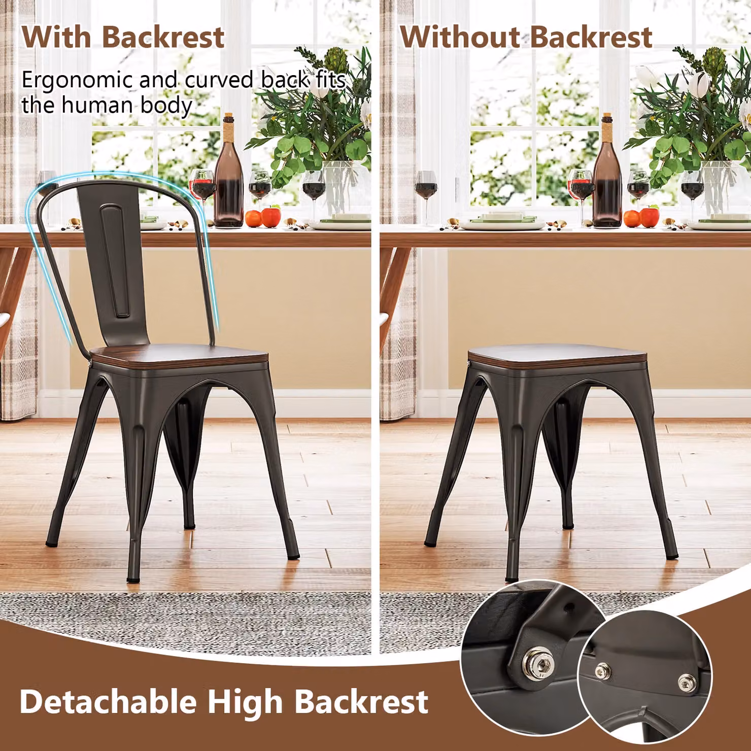 Gymax Set of 4 Stackable Metal and Wood Industrial Dining Chairs in Grey – 5