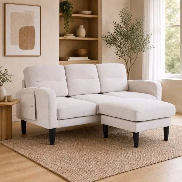 STILVORA 3 Seater L Shaped Reversible Sofa with Chaise Lounge in Beige Fabric – 1