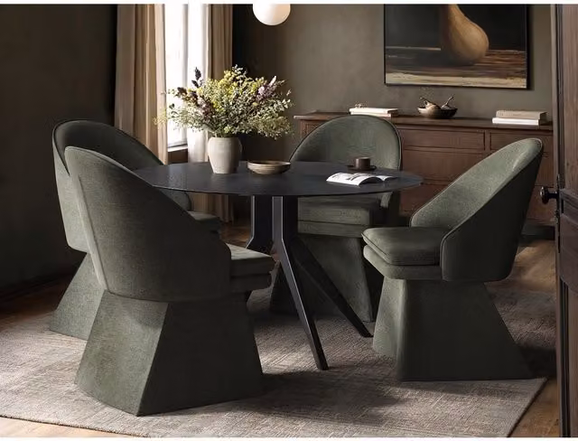 Solace+Co Emil Round Glass Dining Table and Aiko Chairs Set in Black and Green, W: 120 cm, D: 120 cm, H: 75 cm
