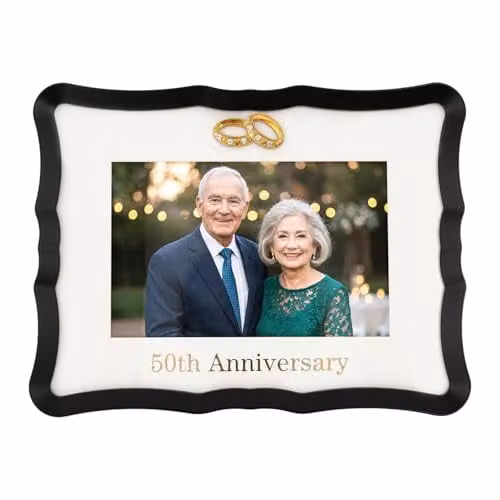Happy Homewares Modern Anniversary Single Rectangular Metal Picture Frame in Black, Gold and White, 10 x 15 cm