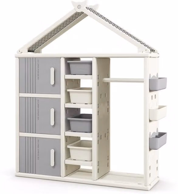 COSTWAY Modern Grey and White Childrens Freestanding Wardrobe Closet with Integrated Drawers and Hanging Rod