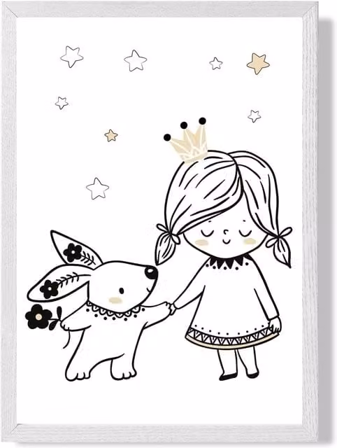 ARTZE Scandi Princess Little and Rabbit Framed Illustration, Black and White A2 Paper Poster
