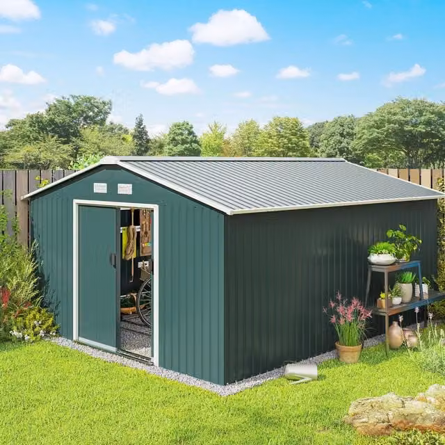 OUTSUNNY Green Galvanised Metal Outdoor Garden Storage Shed with 2 Sliding Doors, W/D/H: 374 x 200 x 200 cm