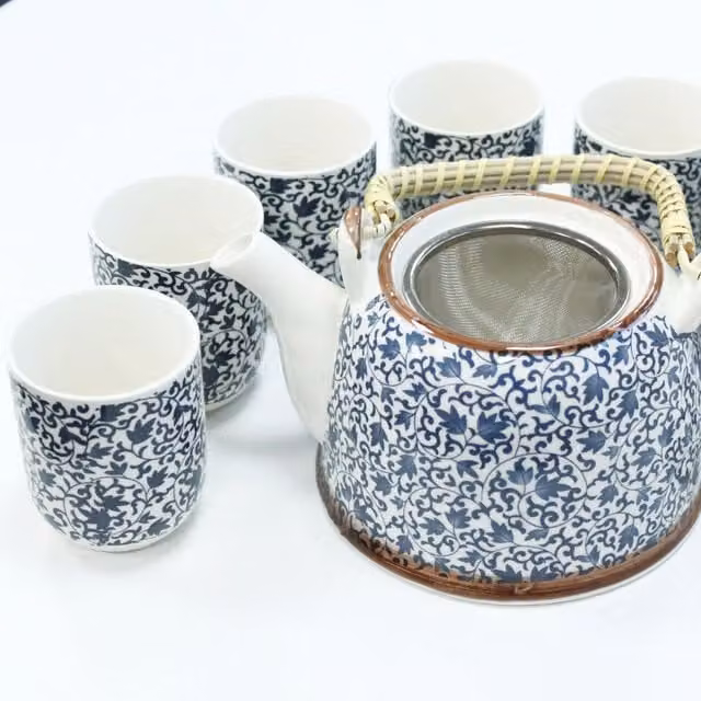 KDMD Ceramic Herbal Teapot Set with Infuser in Blue Geometric Pattern