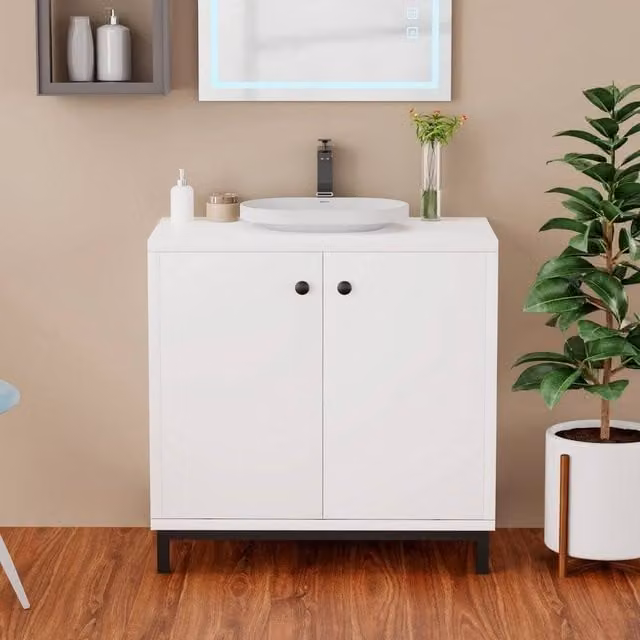 PAWNORA White Modern Freestanding Bathroom Under Sink Cabinet with Internal Shelves and Hinged Doors
