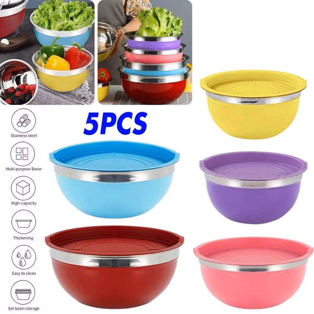 FLAVORA 5 Pack Stainless Steel Mixing Bowls with Lids, Silver and Multicolour, 1000ml each – 2