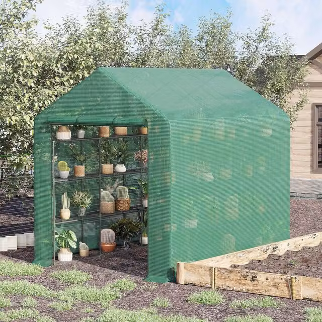 Outsunny Walk-in Garden Greenhouse Polytunnel with Shelving, Green, W/D/H: 180 x 210 x 244 cm