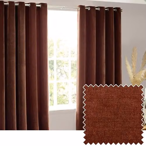 Riva Home Brown Chenille Velvet Eyelet Curtain Pair, W/H: 117 x 183 cm