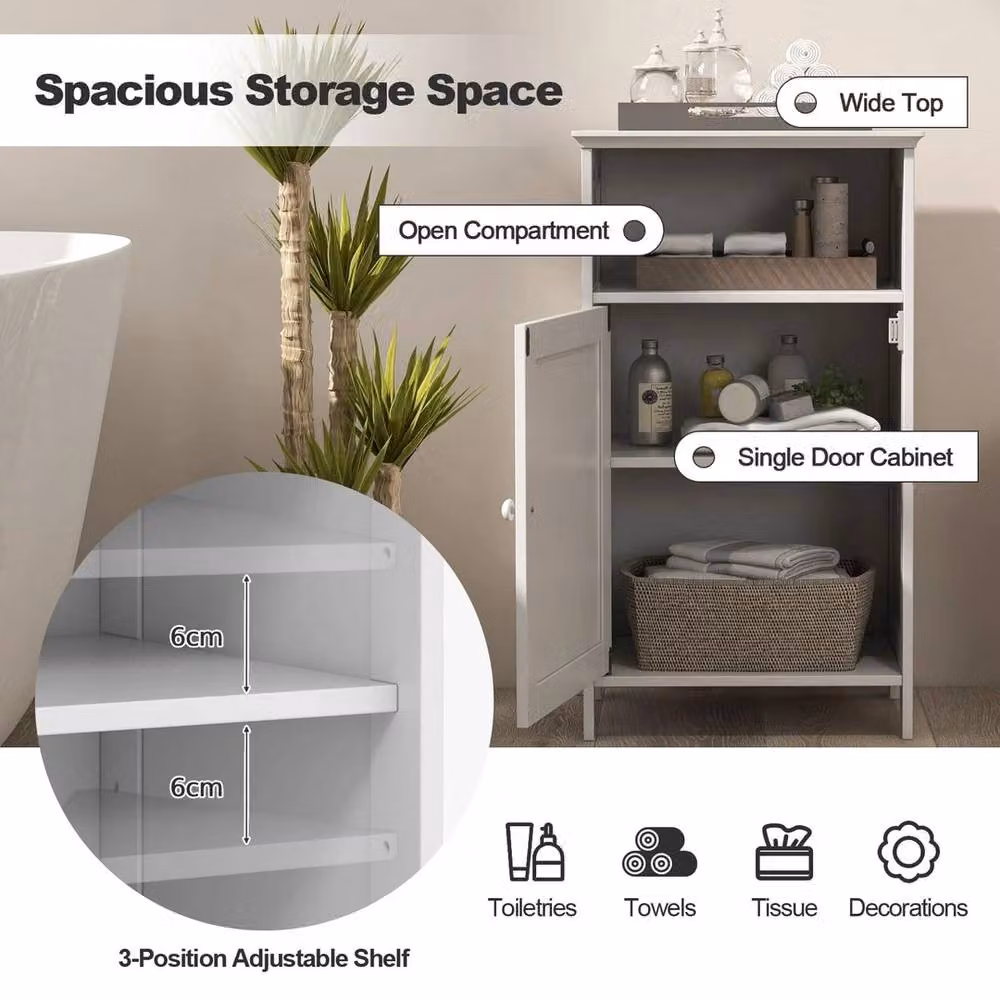 FORGEVIO Modern White Single Door Bathroom Floor Cabinet with Internal Shelves and Open Storage – 3
