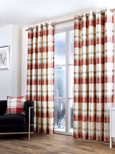 Fusion Balmoral Check Country Checked Pattern Pair of Eyelet Curtains in Scarlet, Width: 168 cm, Drop: 229 cm