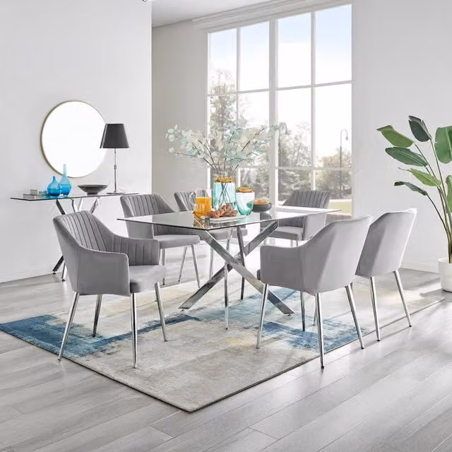 FurnitureboxUK Leonardo Glass and Chrome Rectangular Dining Table with 6 Calla Silver Leg Velvet Chairs in Grey