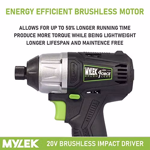 Mylek 4ORCE Cordless Brushless Impact Drill Driver 20V in Black with 2000Ah Battery, Fast Charger, Variable Speed 0-2400RPM, 280Nm, 0-3200BPM and LED Work Light – 3