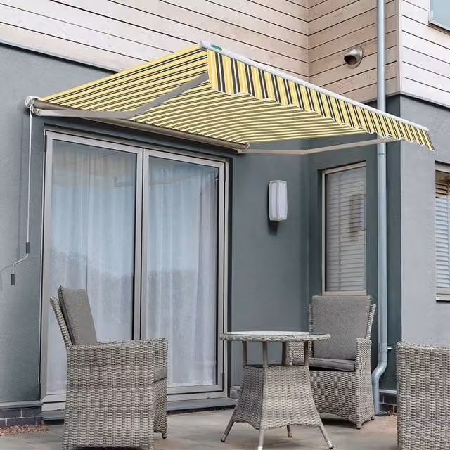 Primrose Semi-Cassette Manual Awning in Yellow and Grey Stripe, W: 400 cm, D: 300 cm