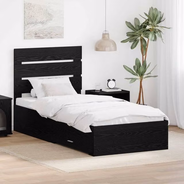 Berkfield Home Modern Bed Frame with Drawer in Black Oak, W/D/H: 90 x 200 cm
