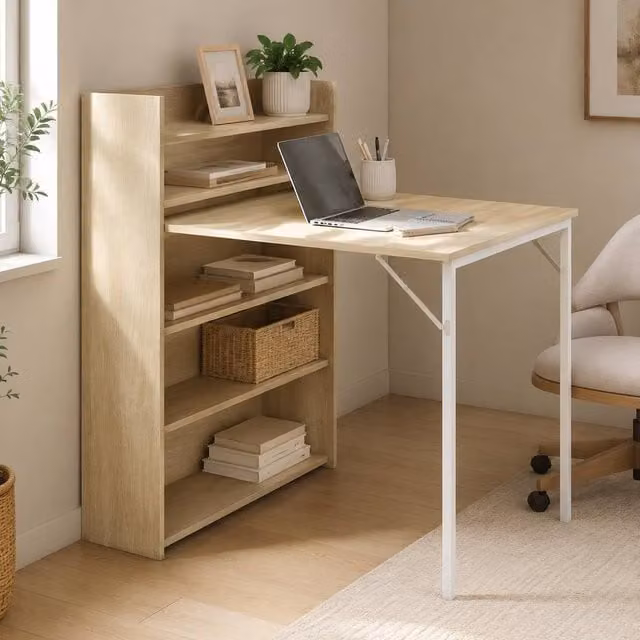 STILVORA Folding Dining Table with Shelves and Steel Frame in Light Oak