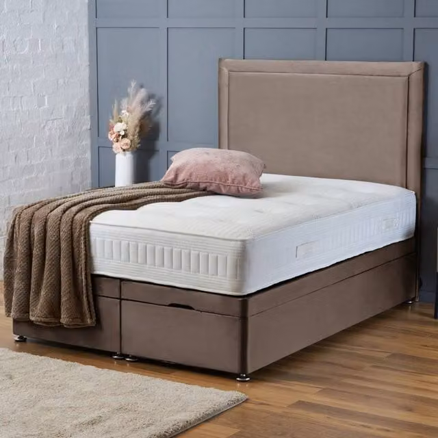 BSSPOKE Ella Ottoman Divan Bed with 54 inch Headboard in Beige Plush Velvet, Super King, W/D/H: 200 x 163 x 40 cm – 1