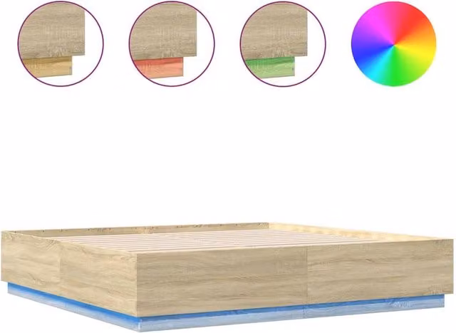 Berkfield Home Sonoma Oak Bed Frame with LED Under-Bed Lighting and USB Charging Ports in Light Oak, W/D/H: 200 x 200 cm – 1