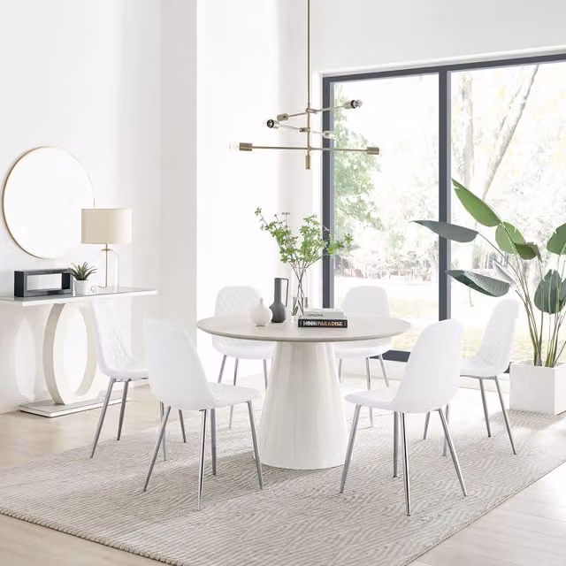 FurnitureboxUK Palma Beige Stone Effect Round Dining Table and 6 Corona Silver Chairs in White