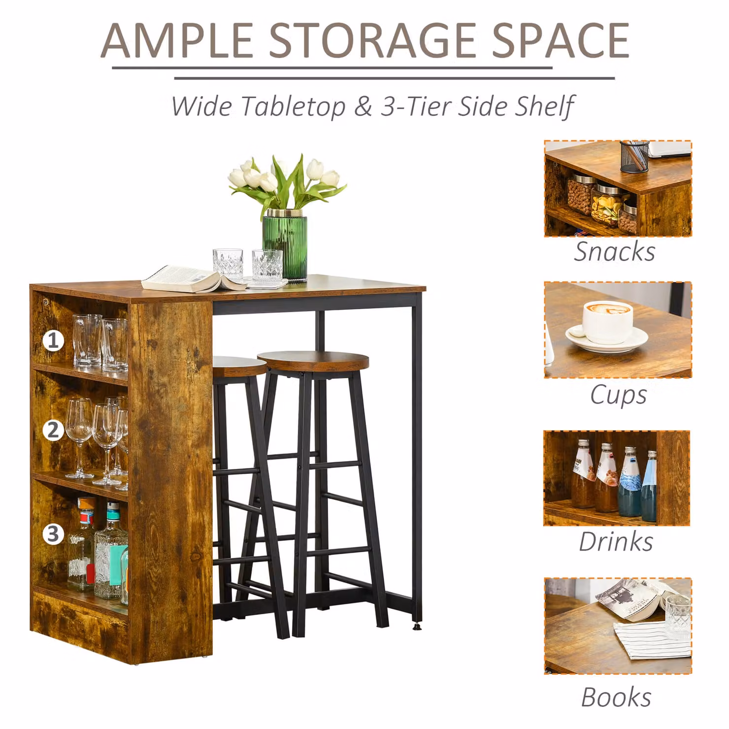 HOMCOM Industrial 3-Piece Bar Table Set with Storage Shelf and 2 Stools in Brown and Black – 7