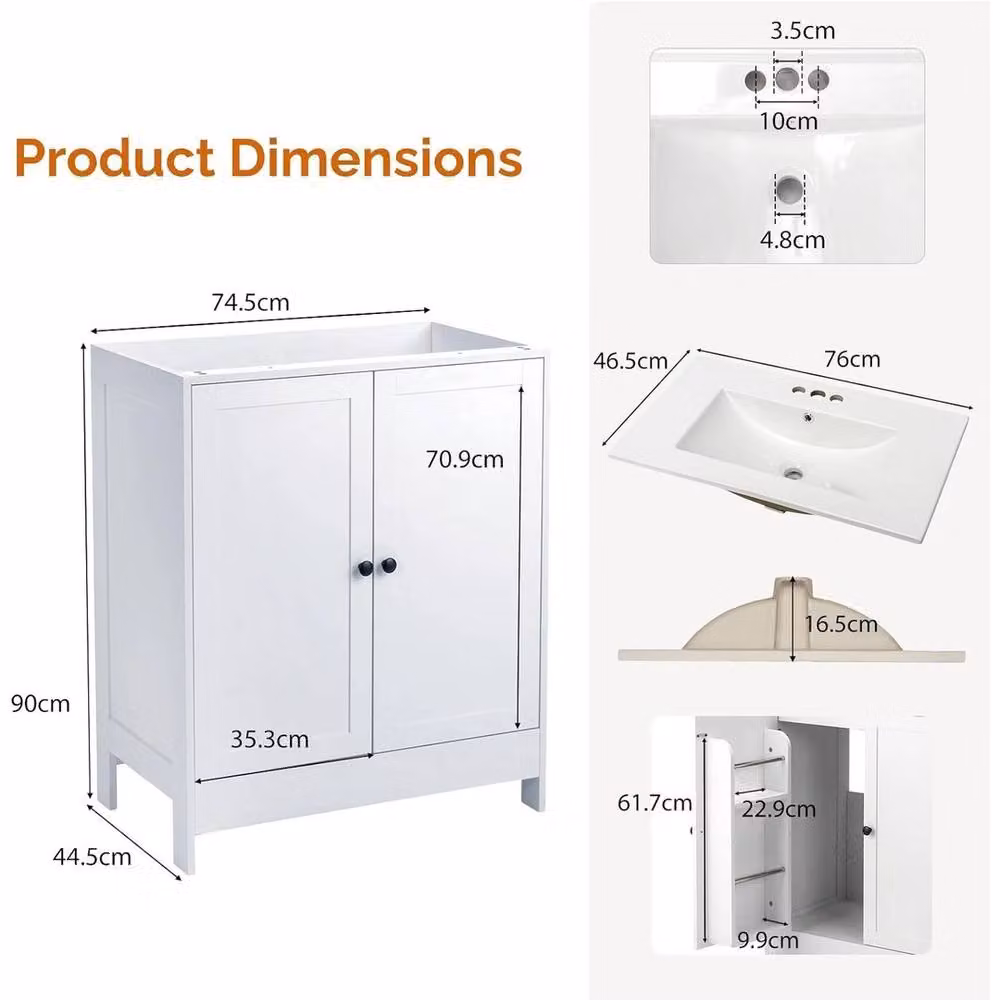 FORGEVIO Modern White Freestanding Bathroom Sink Cabinet with Hinged Doors and Internal Shelves – 2