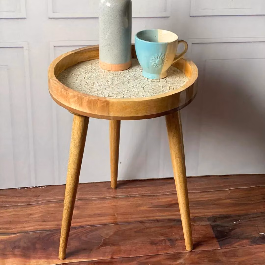 Hartsmede Handcrafted Mango Wood Side Table with Detachable Legs and Intricate Metal Embossed Floral Design in Ivory, W/D/H: 37 x 37 x 61 cm – 2