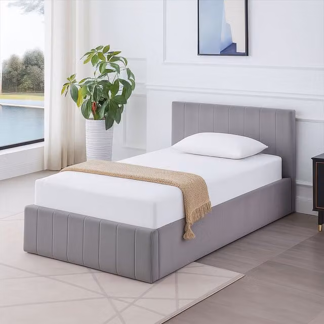 Kosy Koala Grey Velvet Ottoman Bed with Gas Lift Storage and Striped Pattern Single Mattress, W: 100 cm, D: 200 cm, H: 85 cm – 1